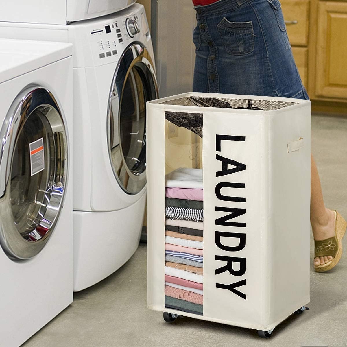 WOWLIVE 90L Rolling Laundry Hamper Large Laundry Basket Wheels Collapsible Clothes Hamper with Clear Window Carry Handles Rectangular Laundry Basket Bin 16"X12"X28"(Beige)