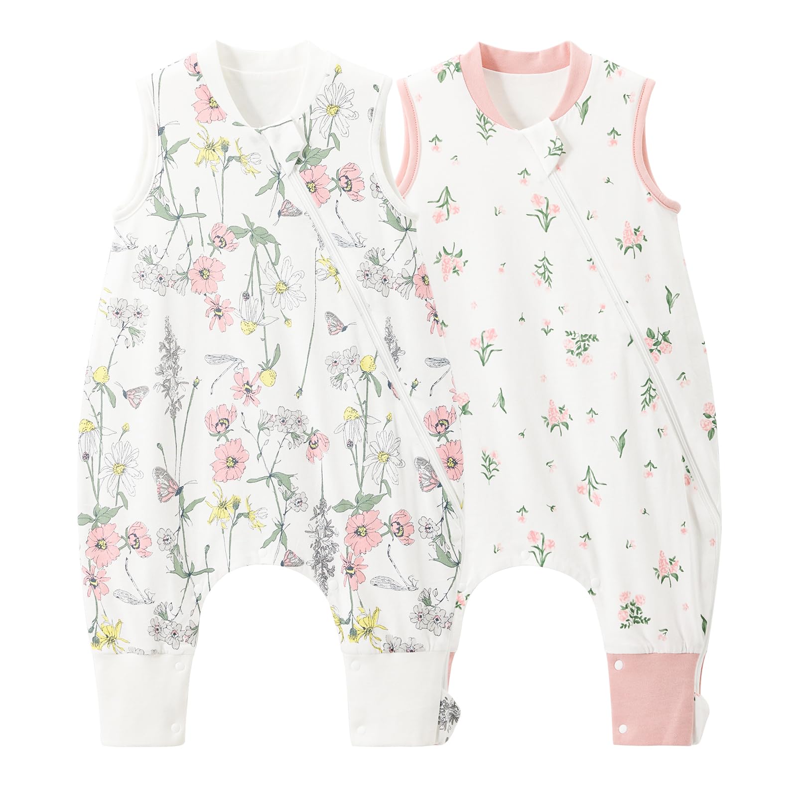 Duomiaomiao Baby Schlafsack mit Füßen,2er Pack 1.0 Tog Kinder Ganzjahres Frühling Schlafsack,100% Baumwolle Schlafsack Baby, Jungen Schlafdecke mit Beinen(85CM/Rosa+Blume)