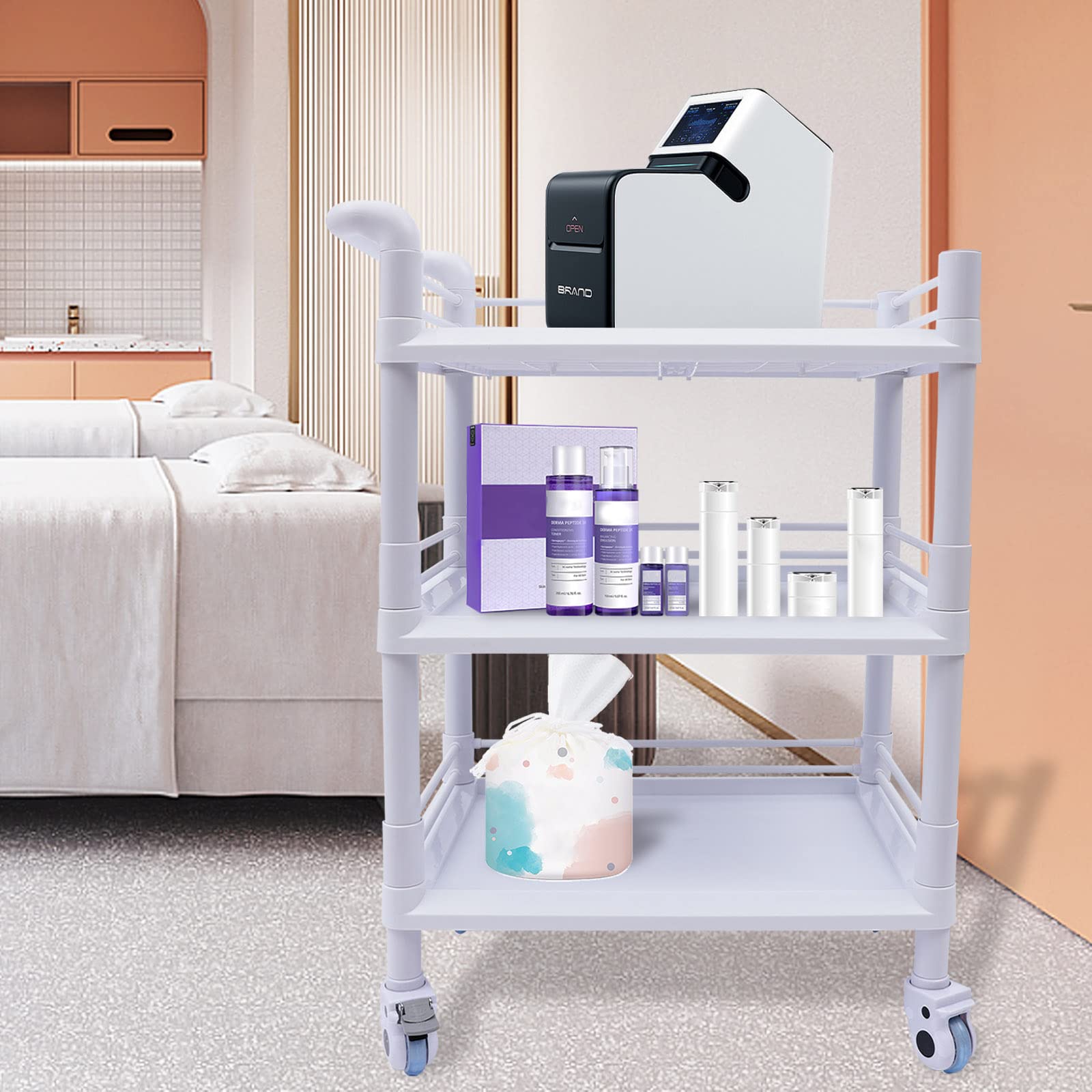 3 Tier Rolling Cart, Medical Carts with ?heels, Beauty Salon SPA Medical Rolling Cart, Commercial Hospital Office Lab Cart with 360° Silent Swivel Wheels (White)