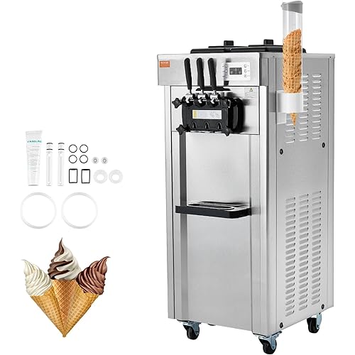 VEVOR 1850W Commercial Soft Ice Cream Machine 3 Flavors 5.5 to 8.2Gallon per Hour PreCooling at Night Auto Clean LCDPanel for Restaurants Snack Bar, Sliver