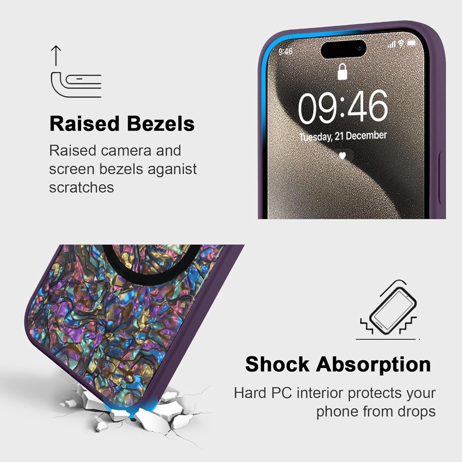 Magnetic for iPhone 15 Pro Case, Luxury Colorful Abalone Shell Phone Case for Women Men, Compatible with MagSafe, Cute Sparkle Glossy Shockproof Protective Cover, Elegant Purple