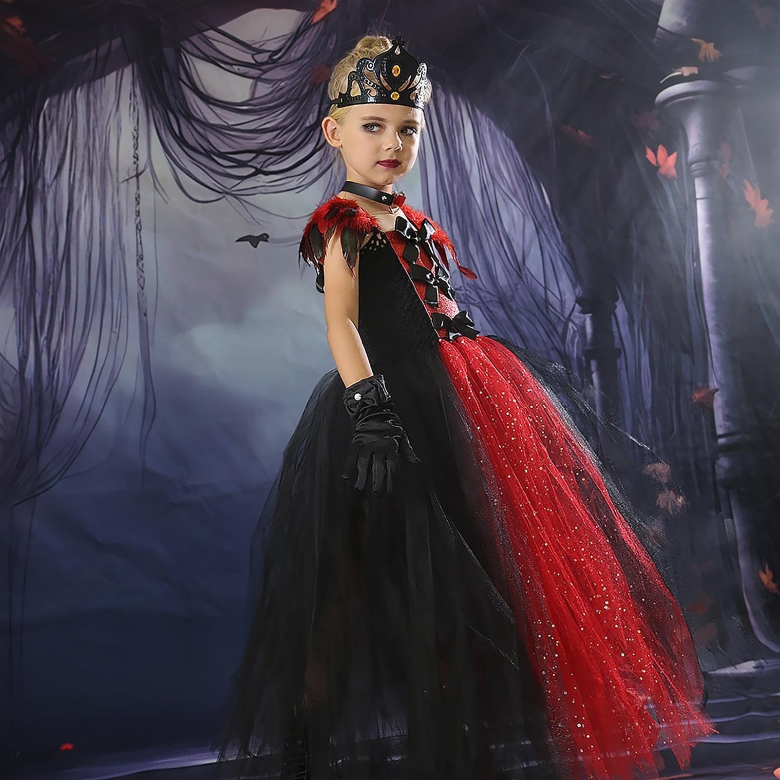 Vampiro Dress Kids Princess Guanti Corona Collana Set | Vestito gotico in tulle per bambine dai 2 ai 12 anni, per tutti i giorni, fantasma, festival, feste, giochi di ruolo
