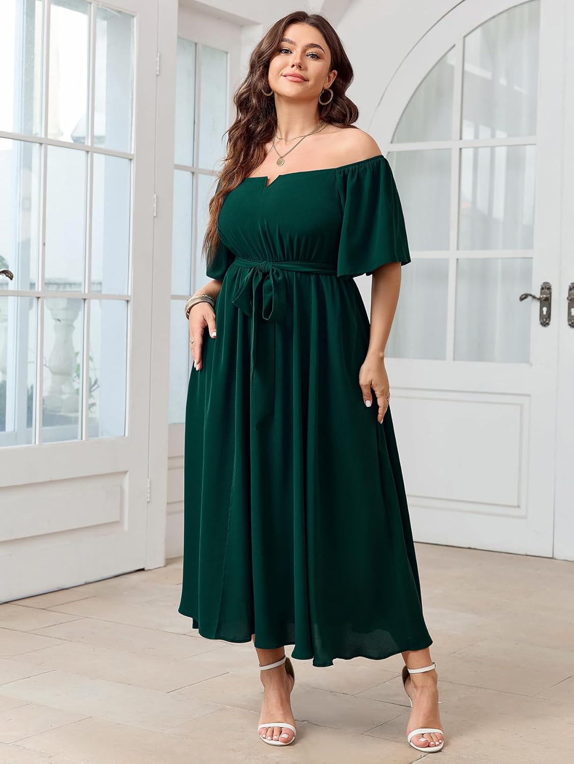 SCOMCHIC Womens Plus Size Formal Dresses Off The Shoulder Wedding Guest Cocktail A-Line Split Maxi Dress with Pockets - Image 7