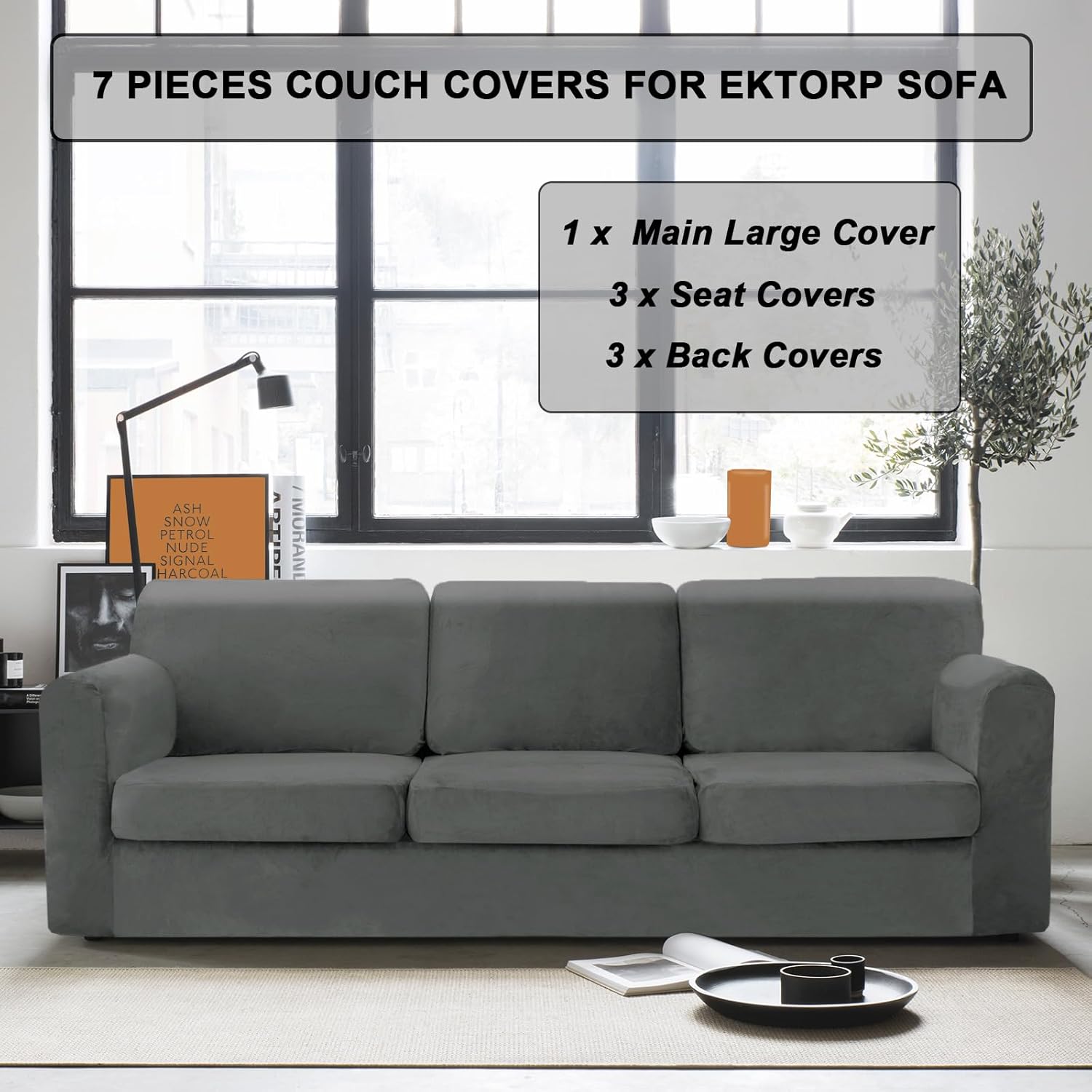 UNBBRRL 7 Piecess Couch Covers for Sofa, Replacement Ektorp Sofa Cover 3 Seat with 1 Main Cover/3 Seat Cushion Covers/3 Backrest Covers, Stretch Velvet Settee Cover 3 Seater (Medium Gray,3 Seater) Medium Gray 7 Pieces 3 Seater