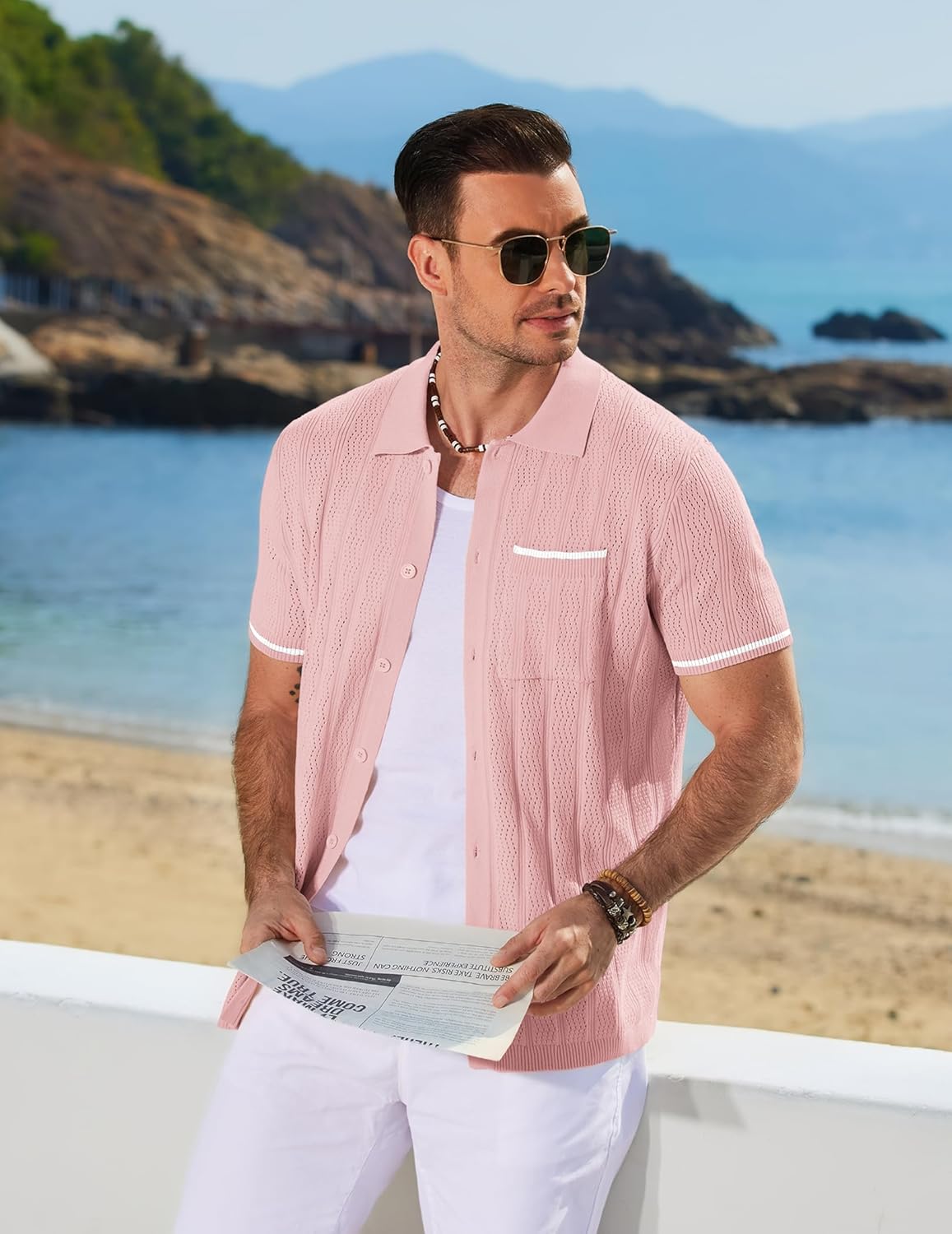 COOFANDY Men's Knit Button Down Shirt 2025 Vintage Short Sleeve Polo Shirt Casual Beach Tops