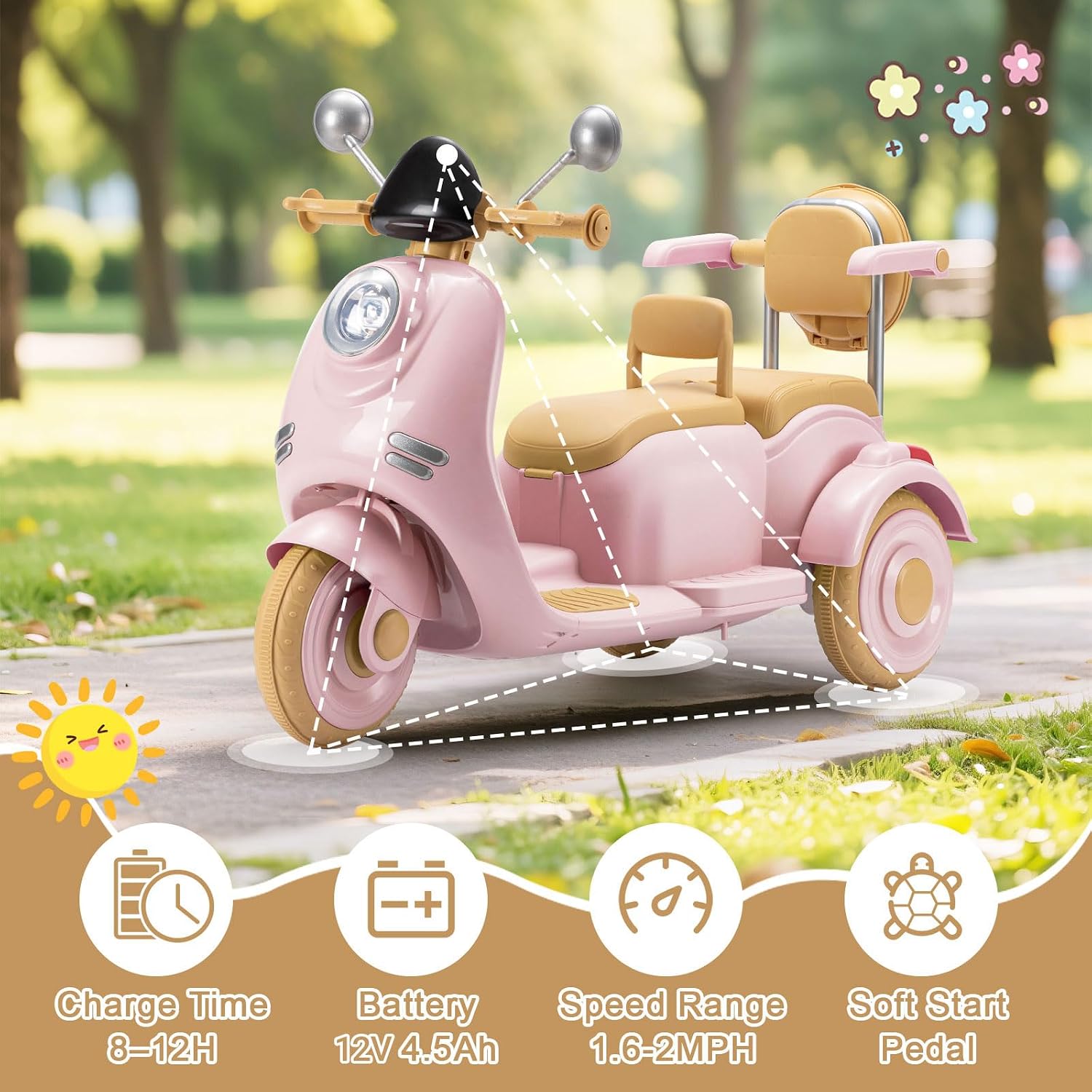 12V Electric Motorcycle for Kids, 2-Seater 3-Wheel Ride On Toy with Rear Storage Box, Bluetooth USB Music, Easy Operation Toddler Motorbike, Indoor & Outdoor All-Terrain Scooter for Boys Girls