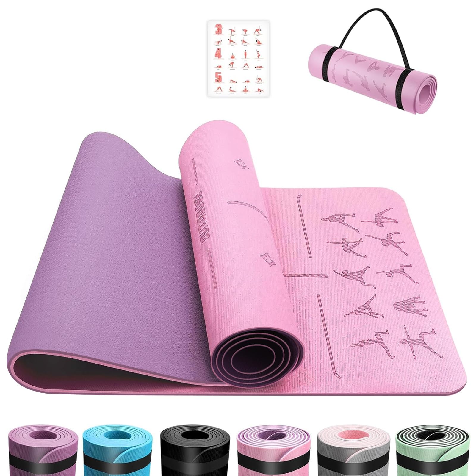 OUTDOUSE Yoga Mat with Alignment Lines,TPE 6mm Sports Exercise Mat,Non-Slip,for Gymnastics,Pilates,Home, Travel,Gymnastics Mat with Storage Straps,Yoga Mats for Women and Men,183x61x0.7cm