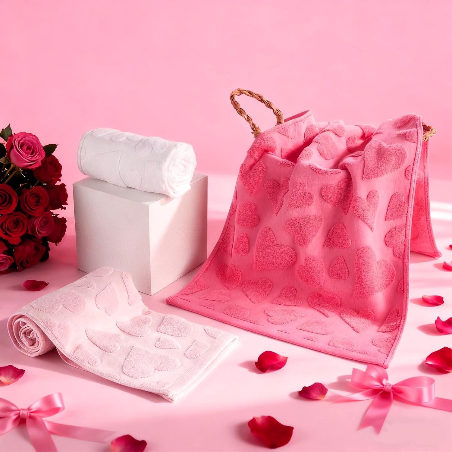 3 Pack Heart Valentine's Day Hand Towels Gradient Red Bathroom Decorative 100% Cotton Soft Absorbent Decorative Soft Hand Towel Set for Kitchen Drying Cleaning Cooking Holiday 13.7'' x 29.5''