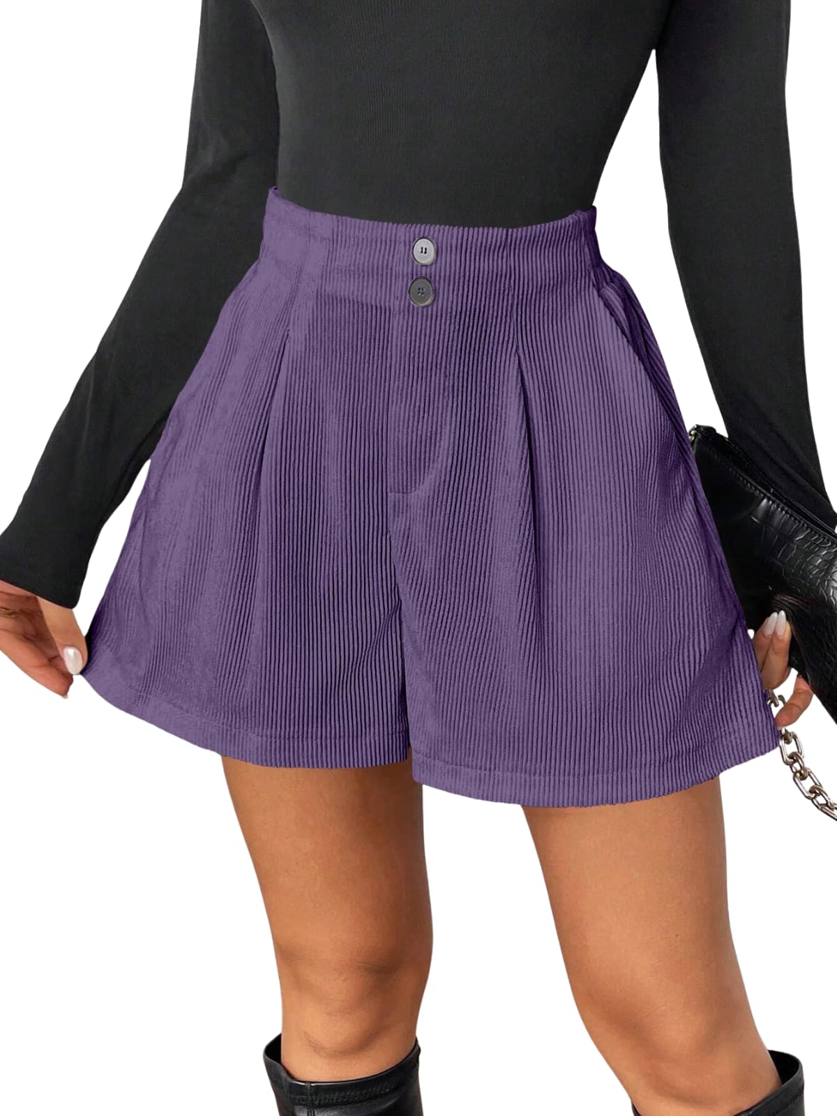 greciilooks Women's High Waist Tailored Shorts | Ribbed Poly Lycra Blend Summer Shorts with Pockets & Button Closure | Elegant Folded Hem Casual Wear for College, Brunch & Daily Outings-picture-20