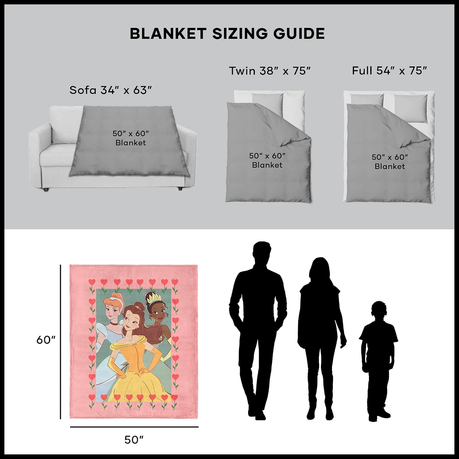 Disney Besties Throw Blanket, Silk Touch Sherpa, Featuring Cinderella, Belle & Tiana, Soft Cozy Fleece for Girls Bedroom, Sleepovers & Movie Nights, 50x60 Inch