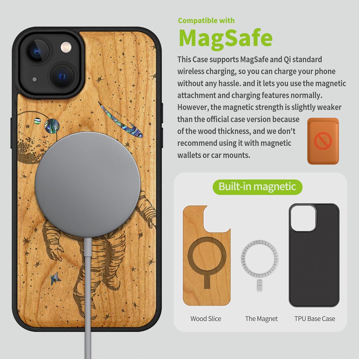 Carveit Wooden Case for iPhone 15 Plus Magnetic Case, Compatible with MagSafe Wireless Chargers, Shockproof Cover, Handmade Shell Inlaid & Wood Artisan Engraved (Cosmic Wanderer) Cherry