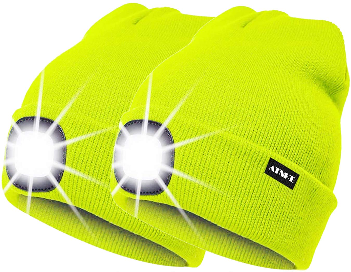 Atnke Unisex Kids Fluorescent Yellow 2Pcs New Warm Led Lighted Beanie Cap Usb Rechargeable Running Hat Ultra Bright 4 Led Waterproof Light Lamp Multi-Color