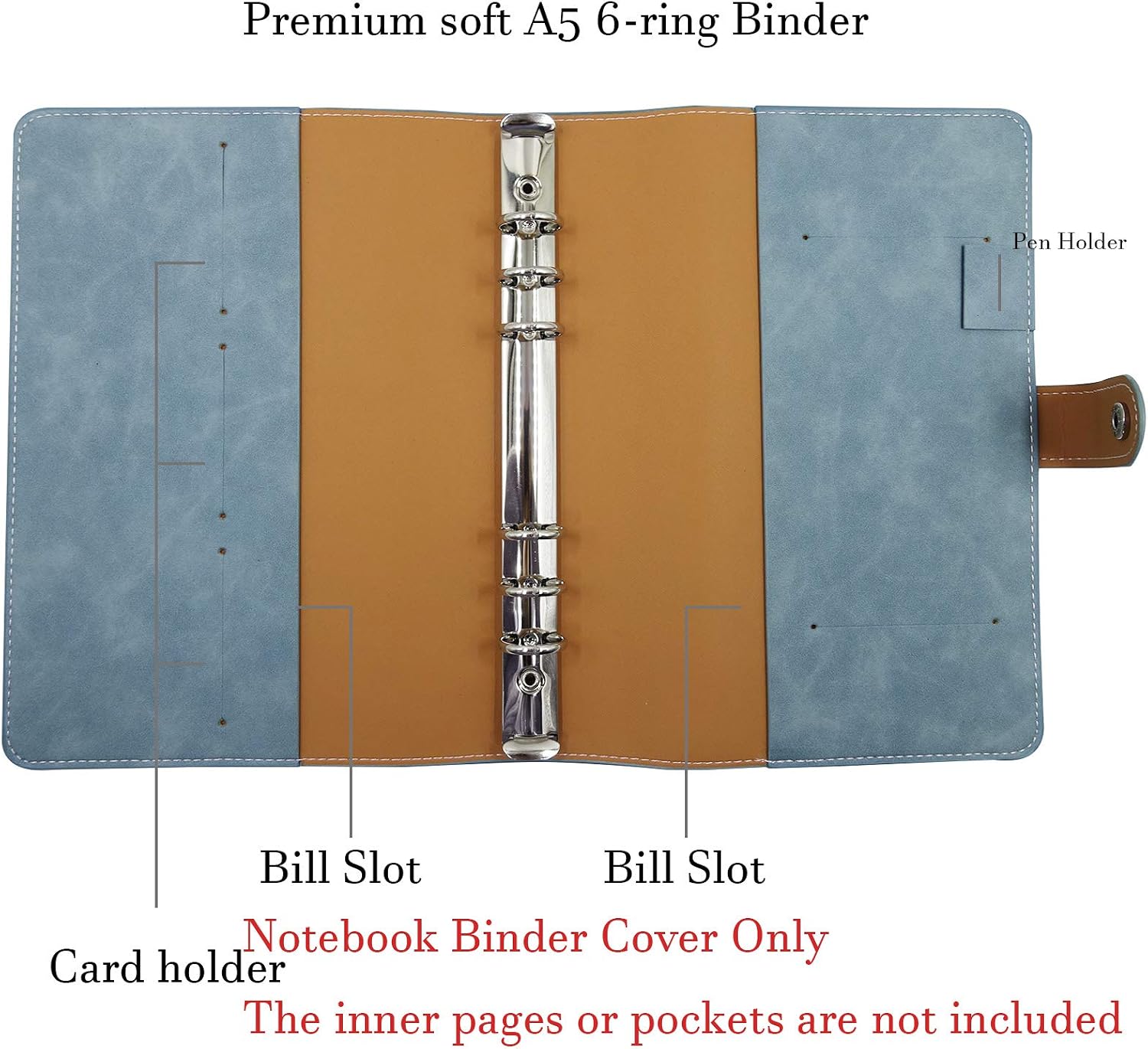 A5 PU Leather Notebook Binder, Refillable 6 Round Ring Binder Cover for A5 Filler Paper, Notebook Personal Planner Binder - Cyan