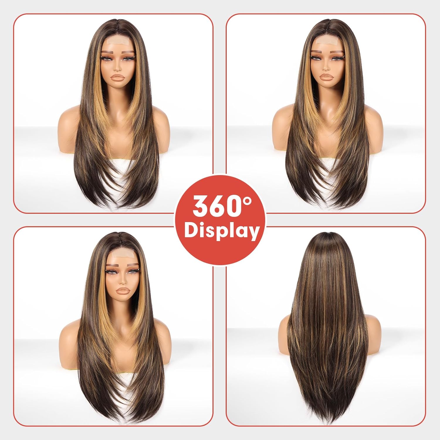 Allbell Highlight Dark Brown Lace Front Wigs For Women lace Hairline Long Straight Layered 26 inch Middle Part Wig Natural Looking Synthetic Heat Resistant Fiber for Daily Party Use