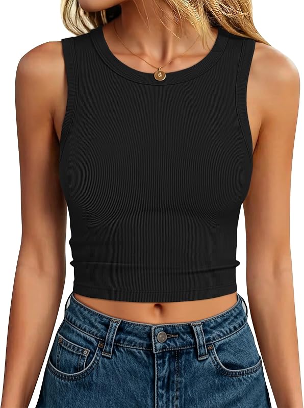 ANRABESS Women's Crop Tank Tops High Neck Sleeveless Ribbed Fitted Shirts