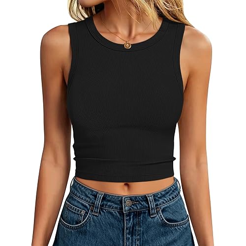 ANRABESS Womens Crop Tank Tops High Neck Sleeveless Ribbed Knit Slim Fit Shirts 2026 Summer Casual Basic Workout Clothes