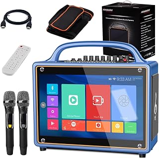 Smart Karaoke Machine with Lyrics Display, 14 Inch IPS Touch Screen, Two Wireless Microphones, Portable Bluetooth Speaker PA System for Home Outdoor Party