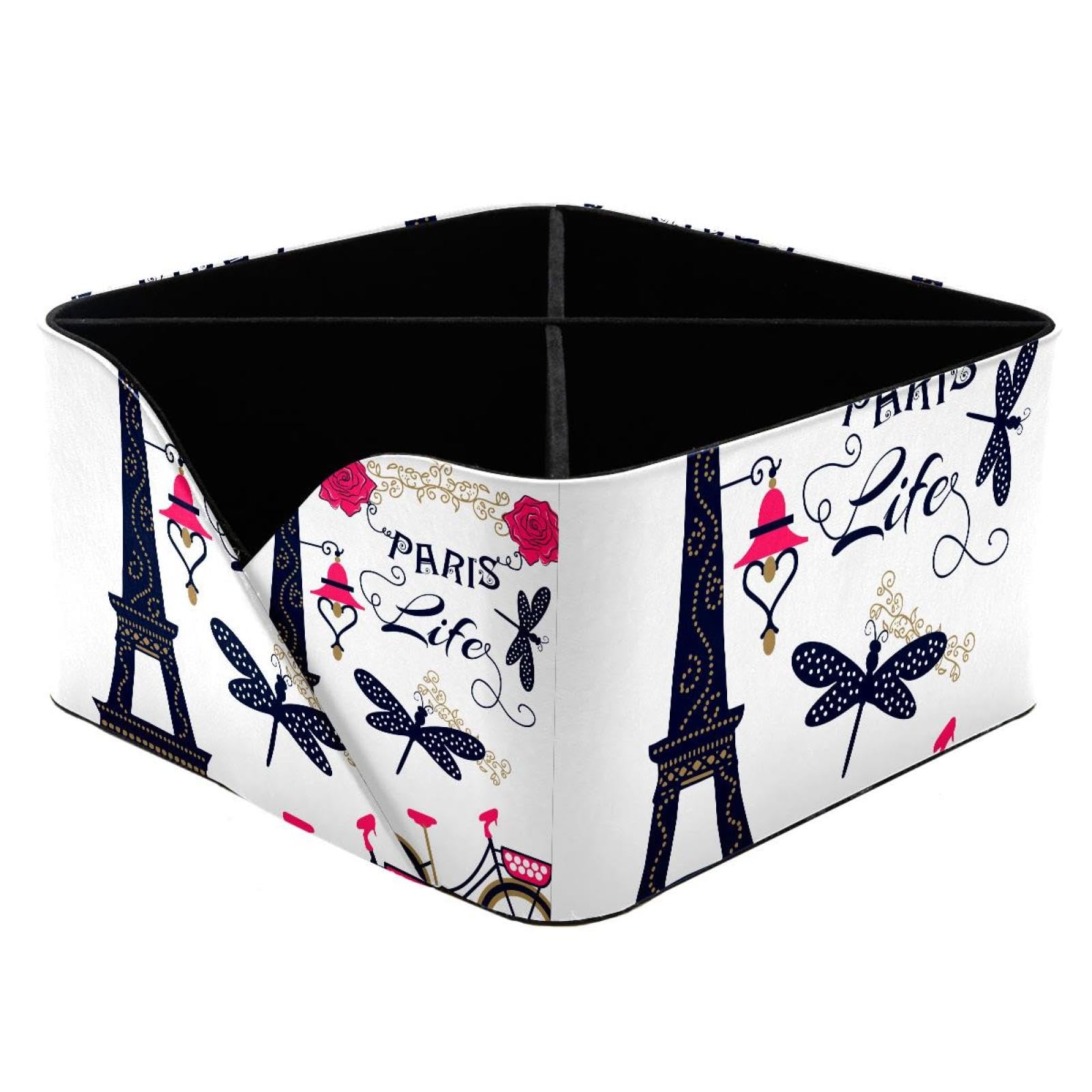 KengjuTesu Eiffel Tower Paris Love Bicycle Dragonflies Desktop Organizer Pen Holder, Rectangular Pencil Cup for Office, Study and Makeup Stations