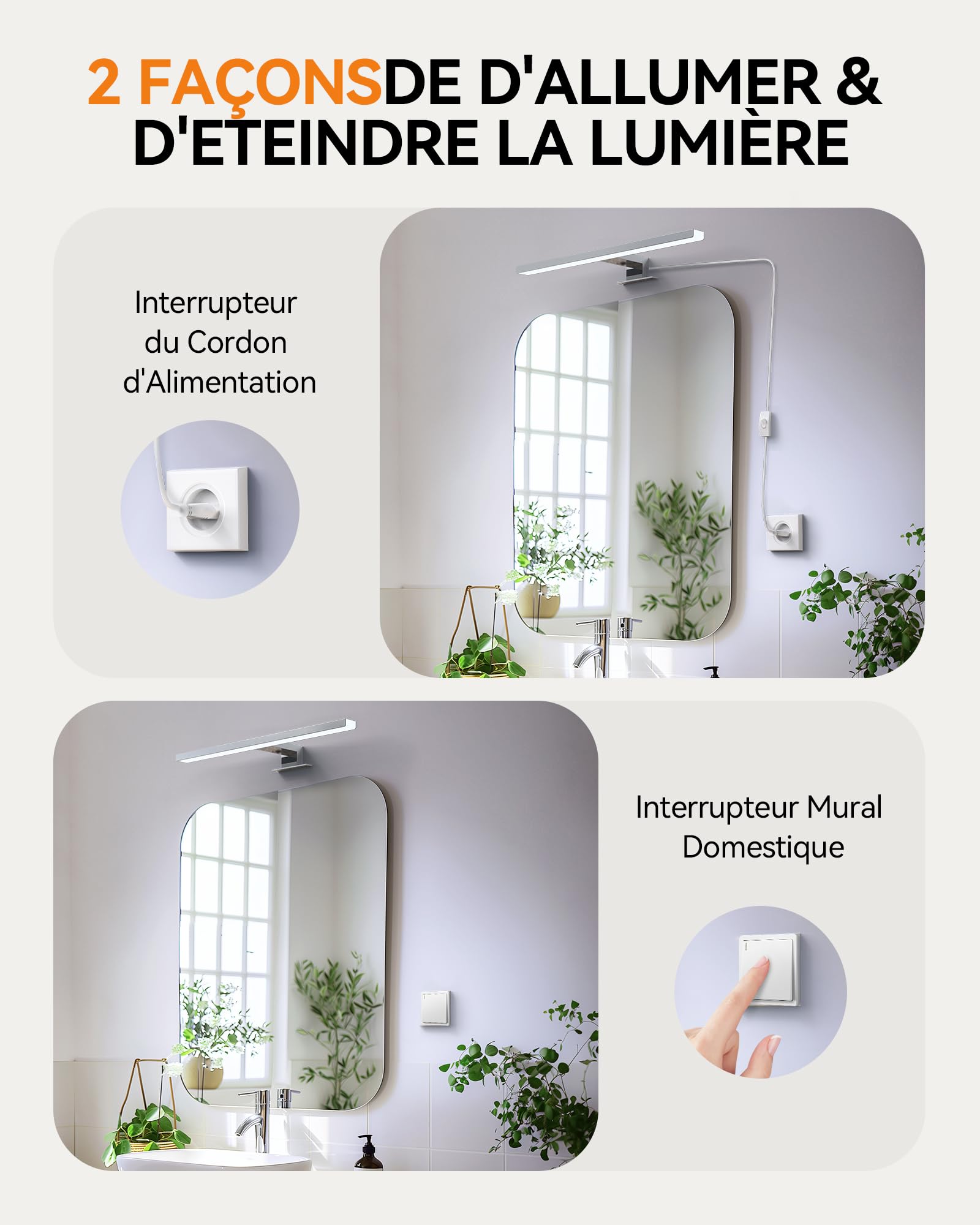 Hommie Lampe Miroir Salle de Bain LED 40CM Avec Interrupteur Blanc Neutre 4000K Luminaire Salle de Bain 10W 230V 900LM IP44 Étanche
