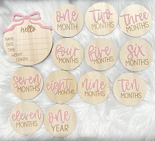 Miniatura 8 de Juego de 16 tarjetas y discos de madera para fotos de bebés e hitos del primer año  Nuevos padres y baby showers con letrero "Hello World" y