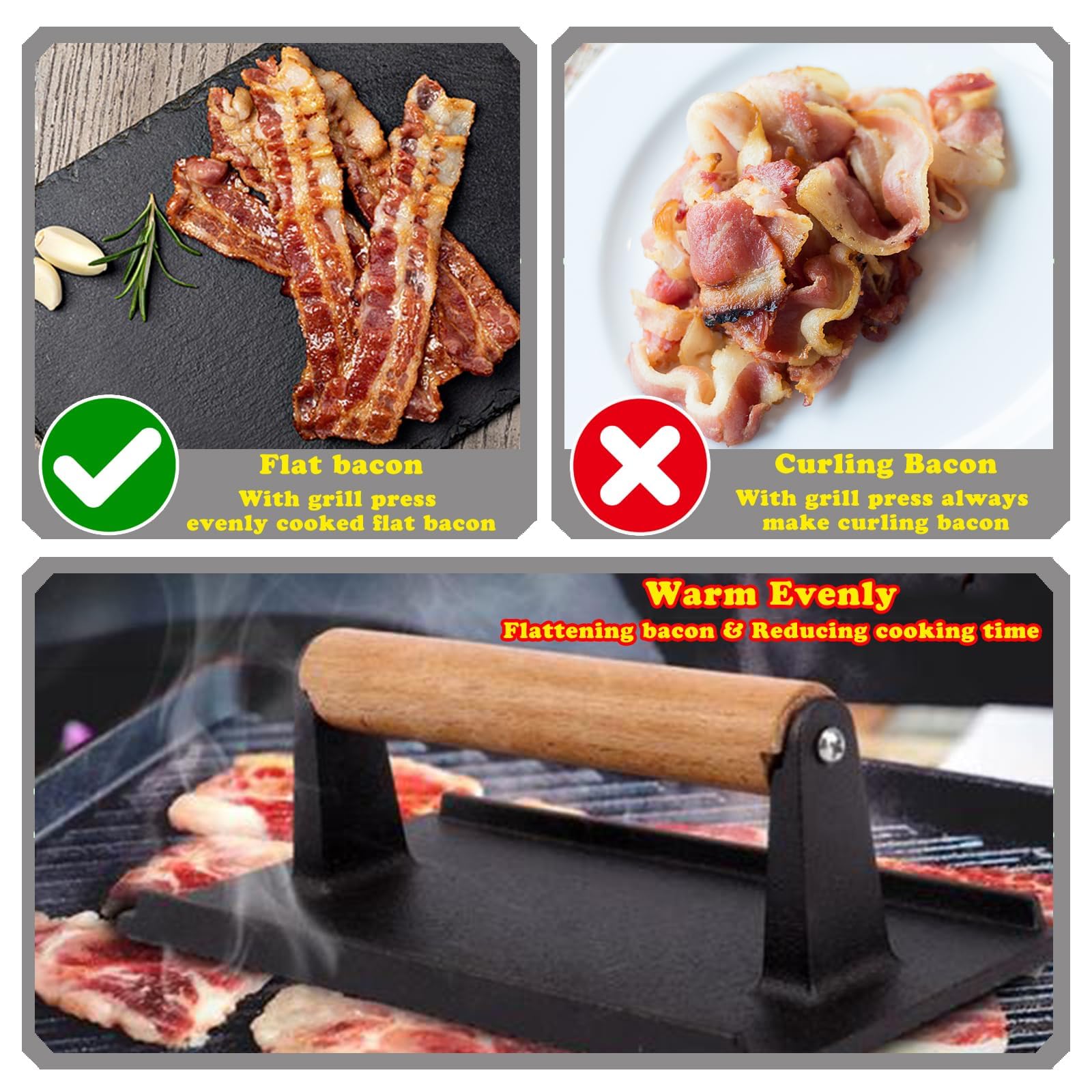 Smash Burgerpresse für Fleisch, Speck, robuste Gusseisen-Grills, Zerkleinerungs-Burgerform, Fleischkuchenmaschine mit Holzgriff für gegrilltes Steak, Speck, Sandwich, Gemüse