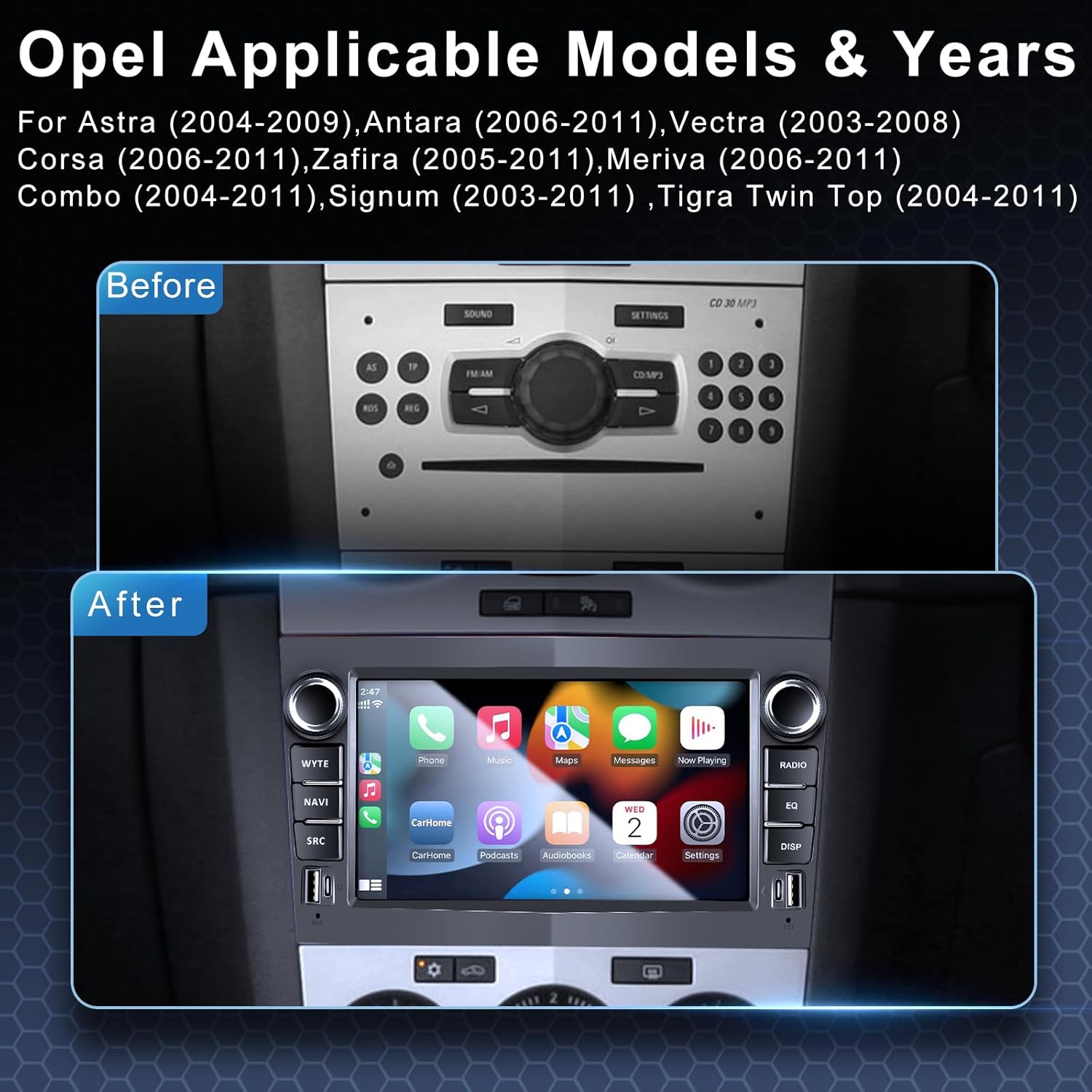 Before and after installation comparison showing the original Opel car radio replaced by the ANKEWAY XBH-8801 unit.
