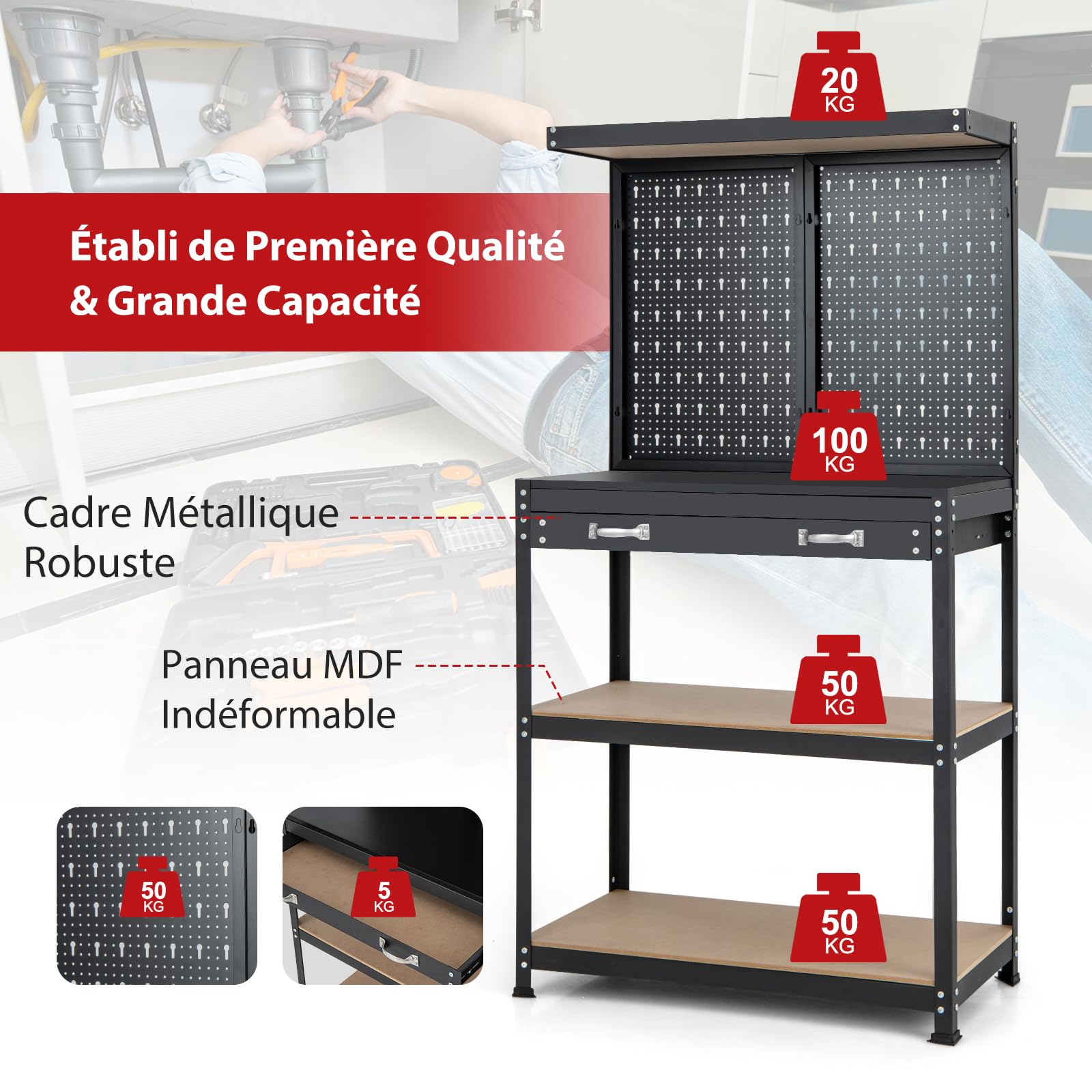 Organisateur Mural Pour Outils - Support Perceuse Électrique - 43x21.5x5 Cm - Acier Carbone - Noir - GYMAX