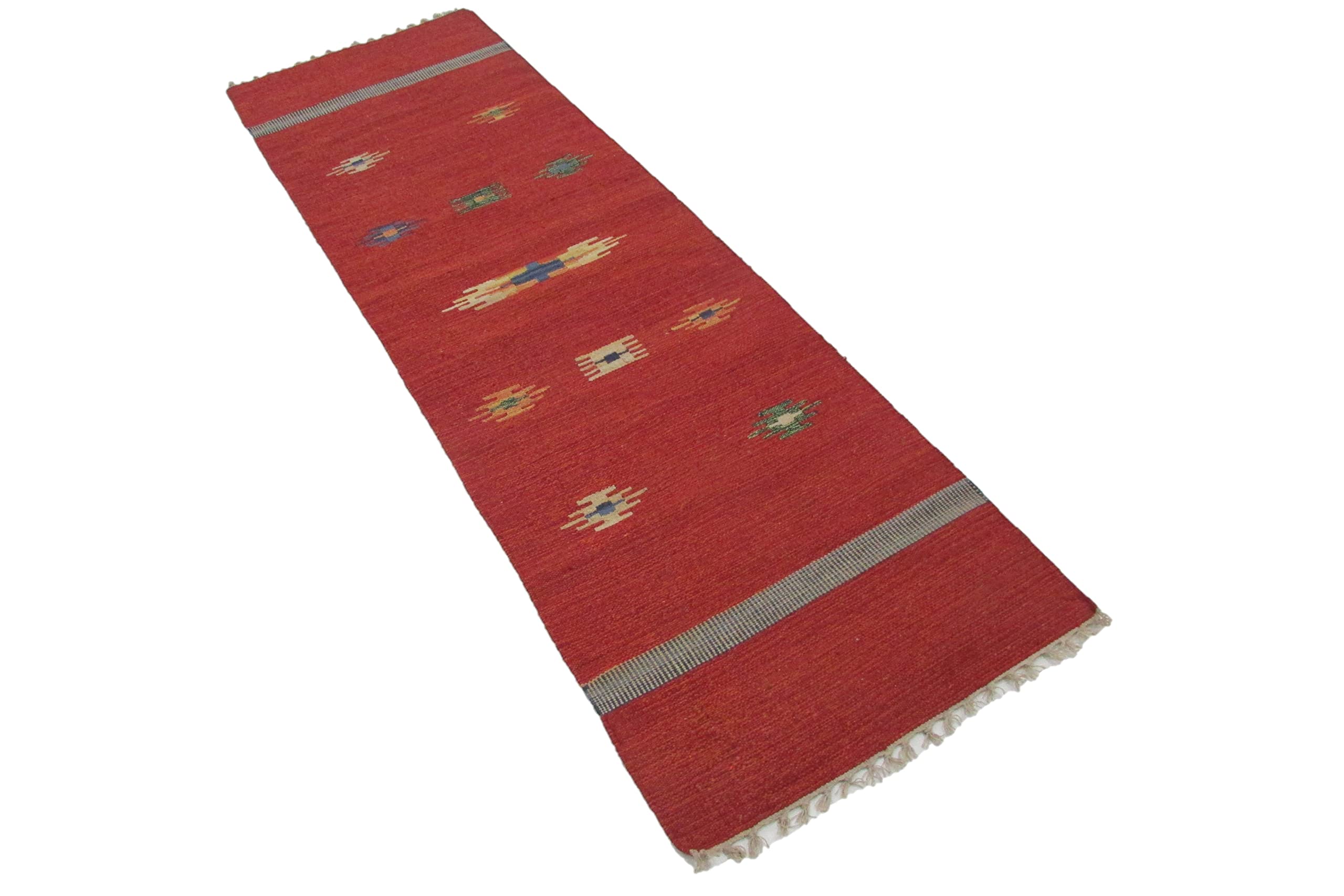 Cotton Dhurrie Runner for Bedroom & Kitchen, 2ft x 6.5ft, Dual Tone Designs, Red, Handmade Flatweave, Bedside Rug, Reversible, Anti-Skid, Carpet for Meditation & Yoga, Strip-Tribal Design