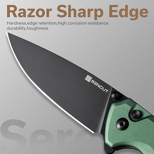 Miniatura 4 de SENCUT Navaja de bolsillo con bloqueo de botón para EDC, cuchillo plegable Serene, espárrago y abridor de aletas, mango de aluminio con hoja negra