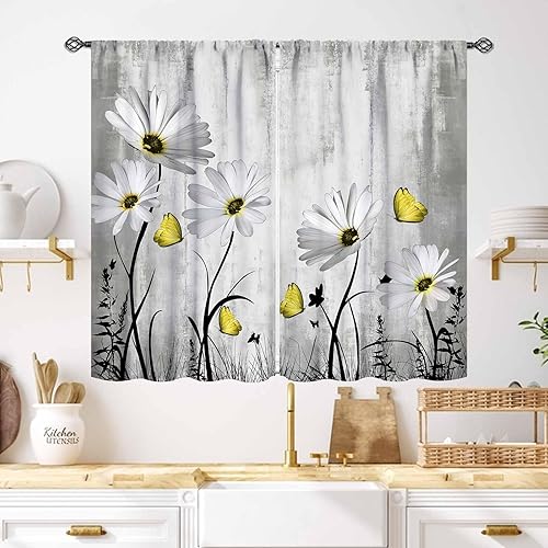 Miniatura 31 de Cortinas rústicas de cocina con margaritas, flores amarillas, margaritas, madera, naturaleza, granja, retro, sala de estar, dormitorio, cortinas