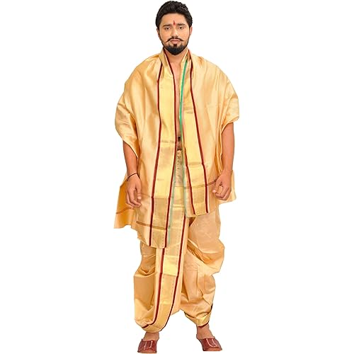 Ready to Wear Dhoti and Veshti Set with Woven Golden Border - Art Silk