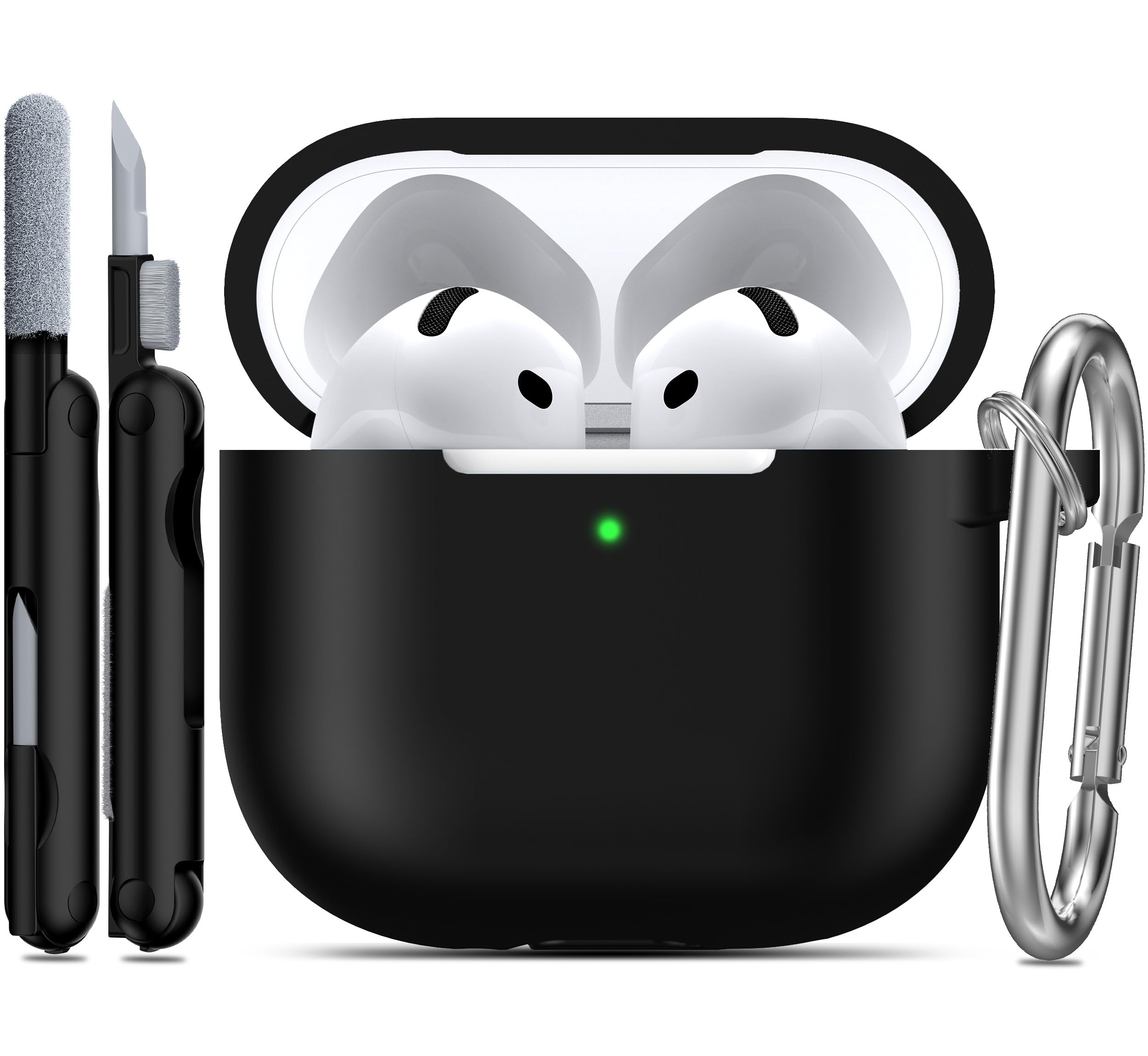 RFUNGUANGO for AirPods 4 Case, Black | Cleaner Kit, Carabiner, Soft Silicone Protective Cover, Wireless Charging Compatible Global Recycled Standard Global Recycled Standard Global Recycled Standard