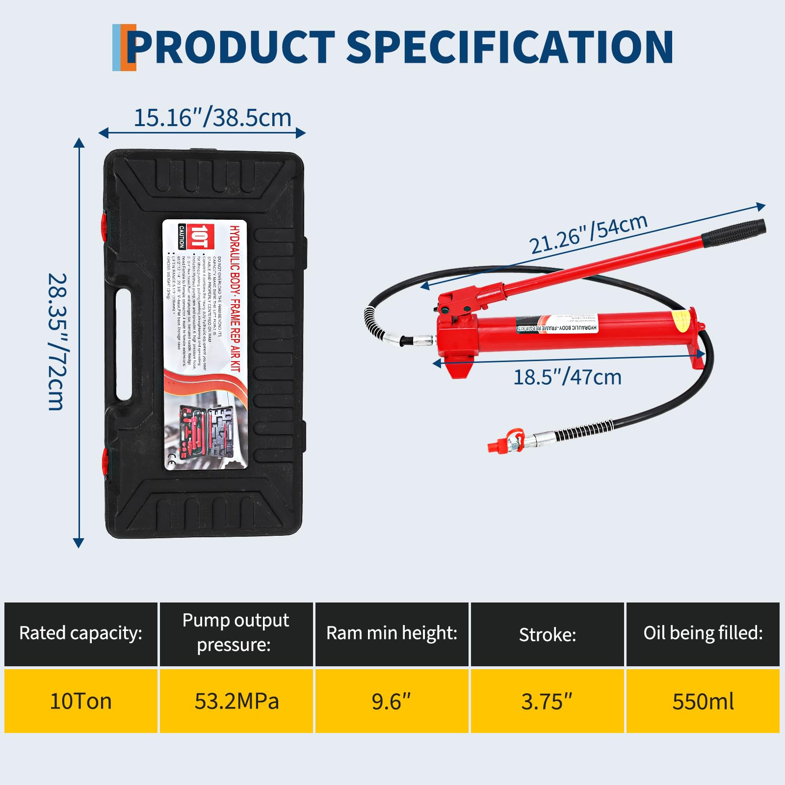 Kit Porta Power Idraulico Professionale - Per Officina, Carrozzeria e Garage Veicoli - Martinetto 10 Tonnellate, Tubo Olio 1,4m, Ram 10T, Attrezzatura Pesante e Riparazione Telaio Auto -