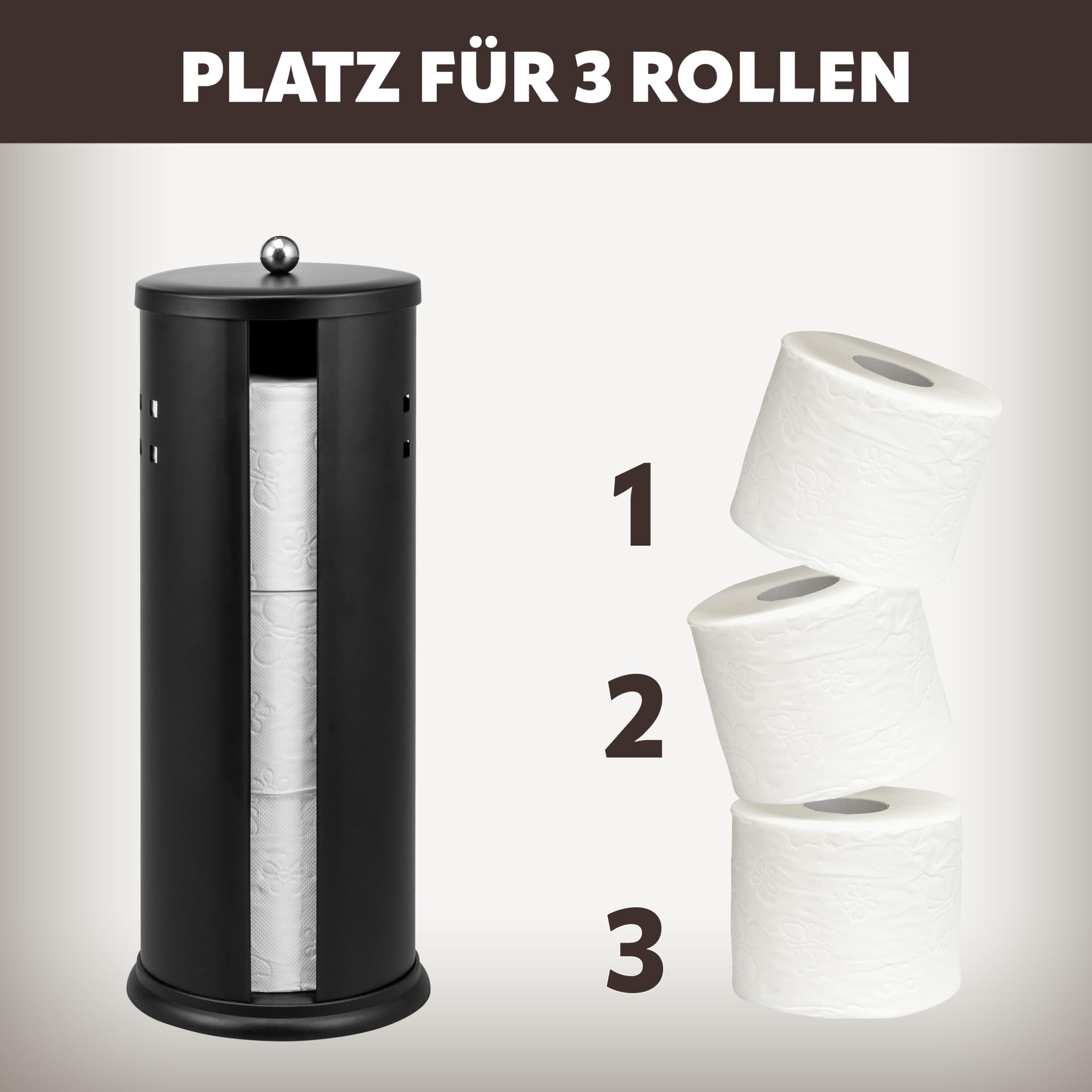 eluno Toilettenpapier Aufbewahrung AGLIANO mit Loch-Dekor, passend für 3 Ersatzrollen, freistehender Rollenhalter mit Deckel, nachfüllbarer WC-Rollenhalter, rund aus schwarzem Metall