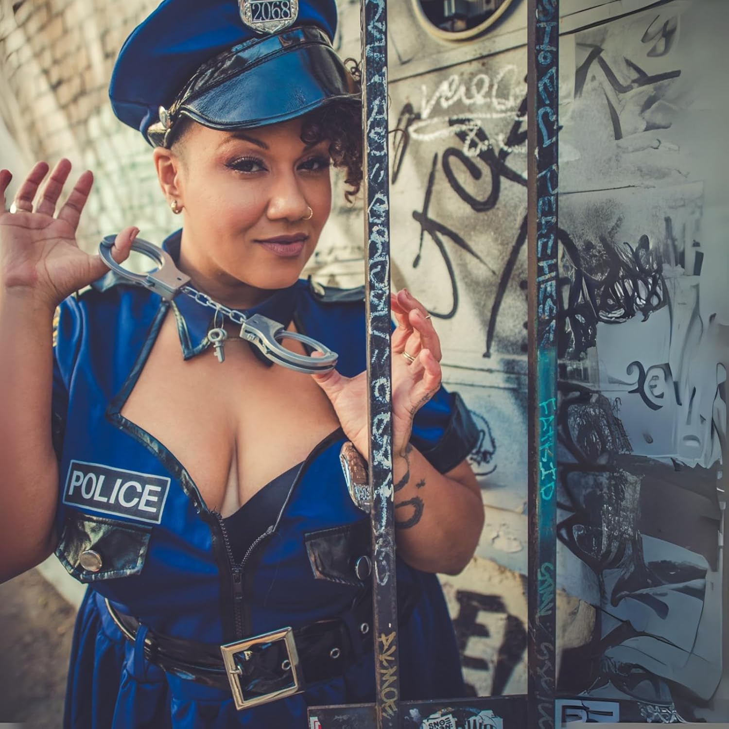 Leg Avenue Womens 5 Pc Plus Flirty Cop With Dress, Tie Choker, Belt, Toy Handcuffs, Hat Adult Sized Costumes