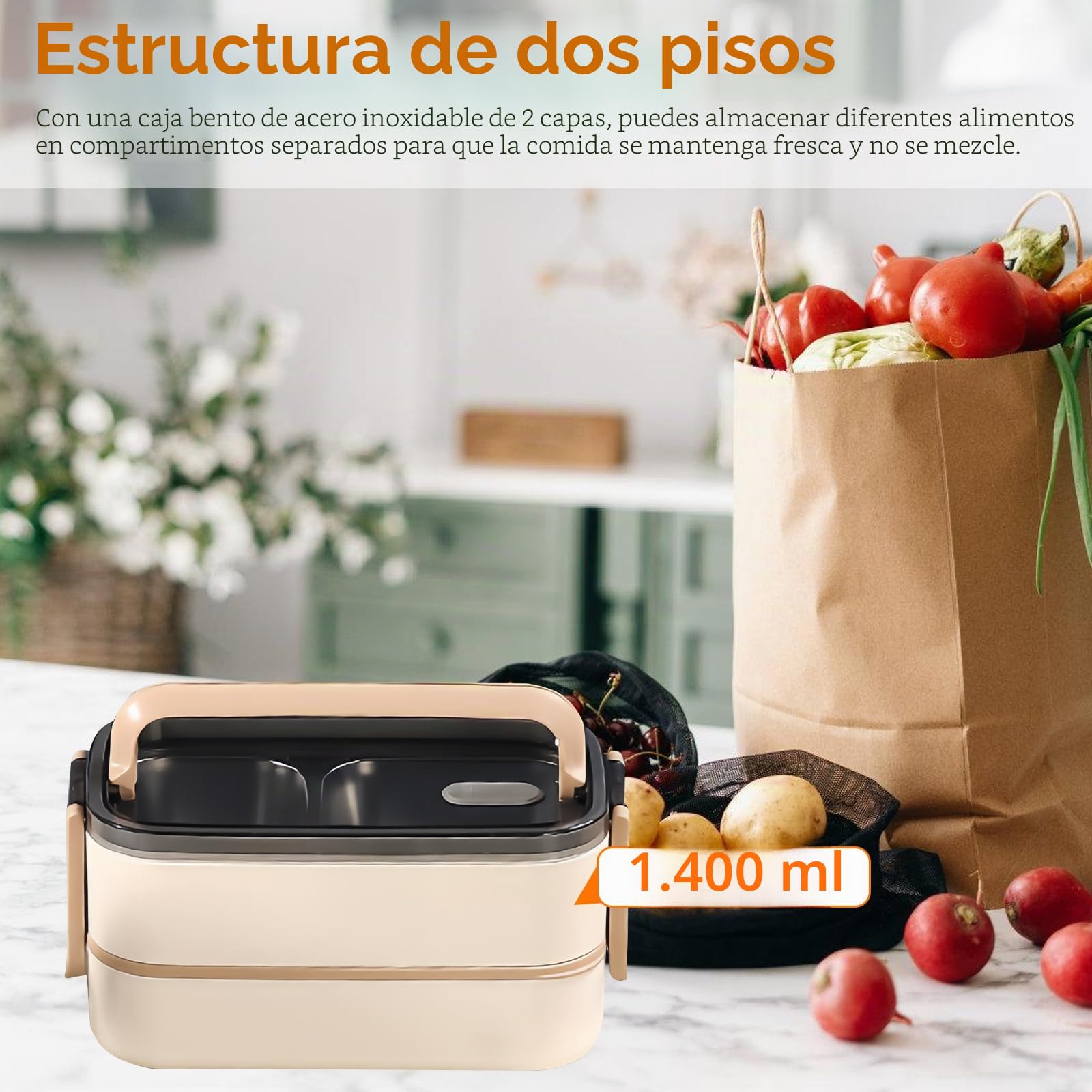 Fiambrera Bento de 2 Niveles Con Compartimentos: Acero Inoxidable Premium Para Adultos, Sin BPA, Con Cubiertos, Ideal Para Viajes, Apta Para Microondas