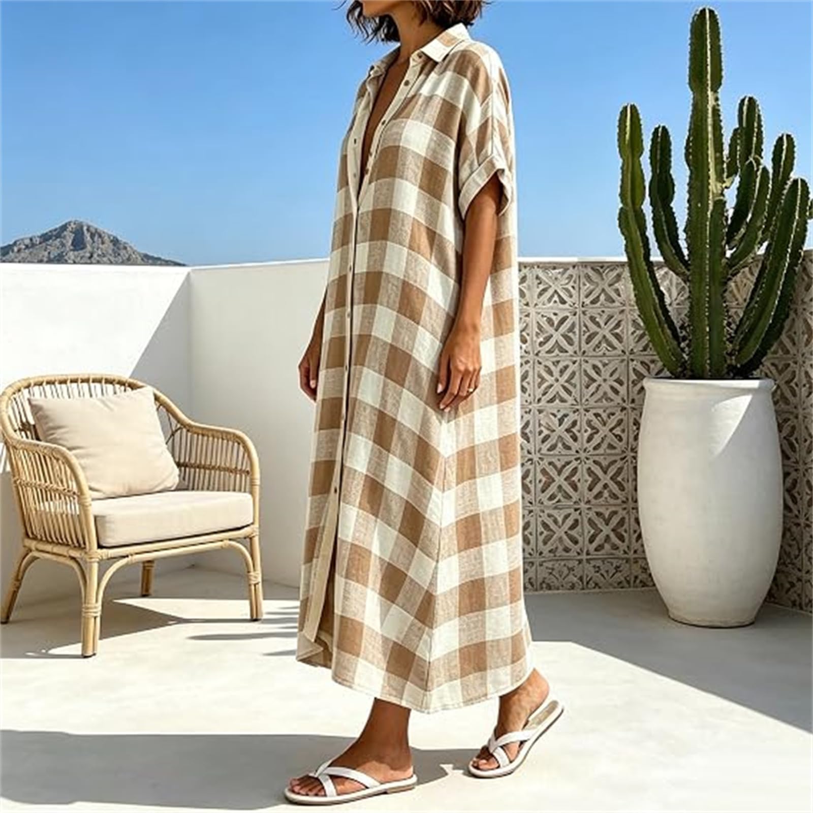 Generisch Vestido largo camisero con botones a cuadros para mujer