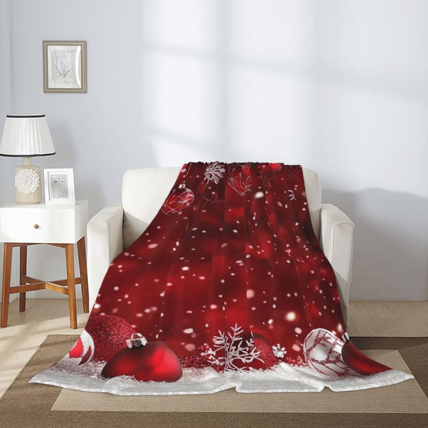 Throw Blanket Christmas Red Ball Winter Bed 60 x 80 Inch Soft Lightweight Fluffy Warm for Sofa Couch All Seasons Cozy Cover Quilt