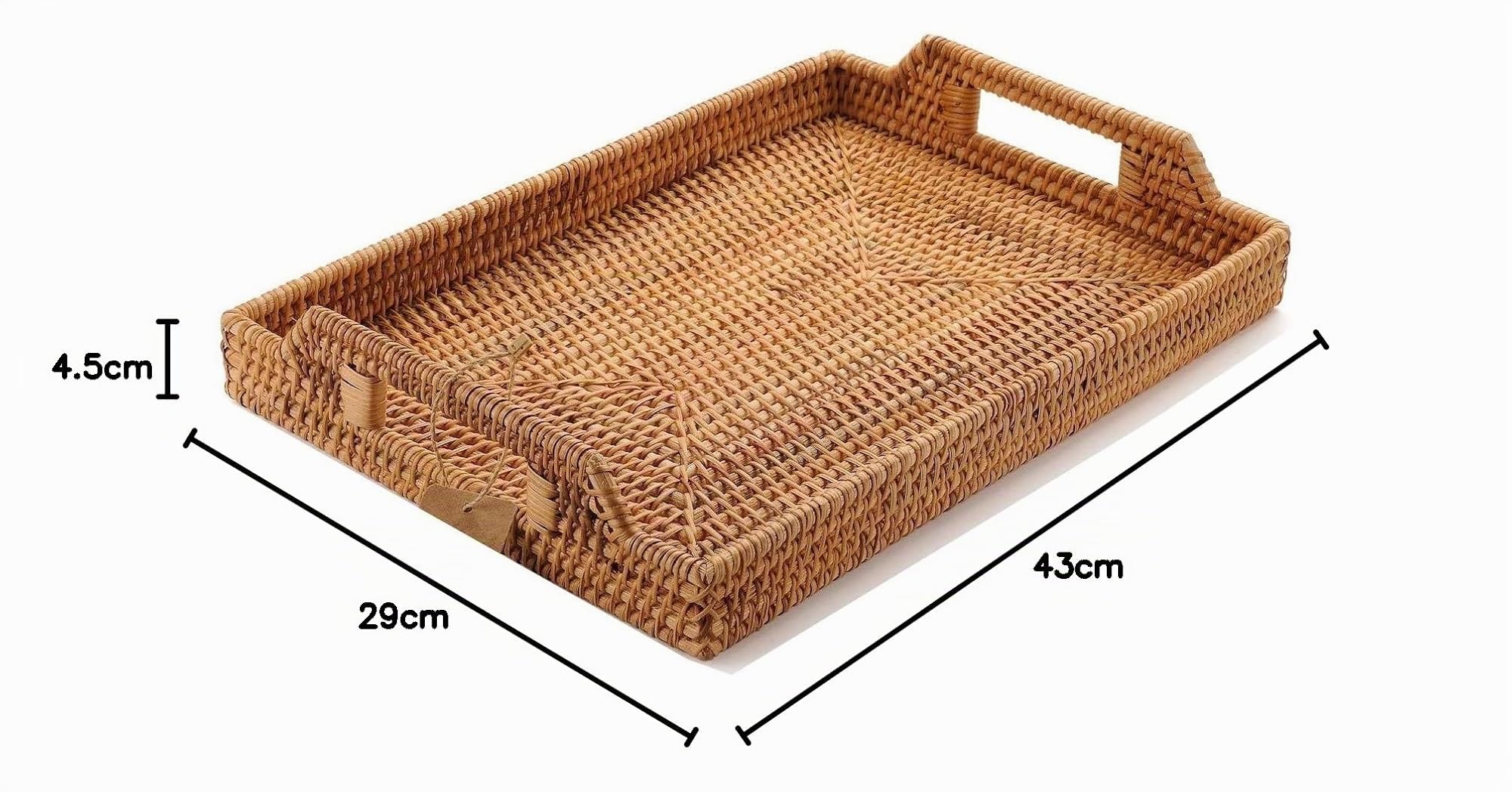 Vassoio in Rattan con Manici, Vassoio da Portata Rettangolare in Vimini per Colazione, Bevande, Snack per Tavolo da Pranzo/Caffè (43 cm)