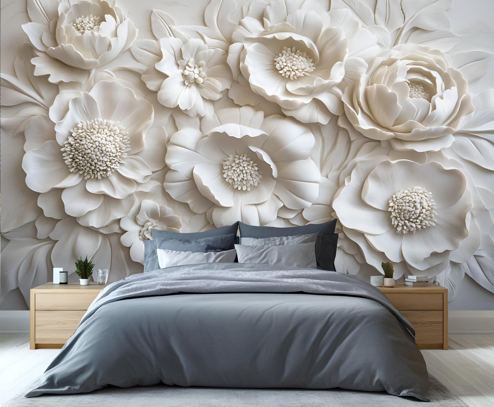 GIVLWF Floral Wallpaper, 3D Embossed Flowers Bedroom Wallpaper, Elegant White Wall Paper for Living Room, Not Self Adhesive Luxury Wall Mural, Minimalism Large Mural & Room Decor