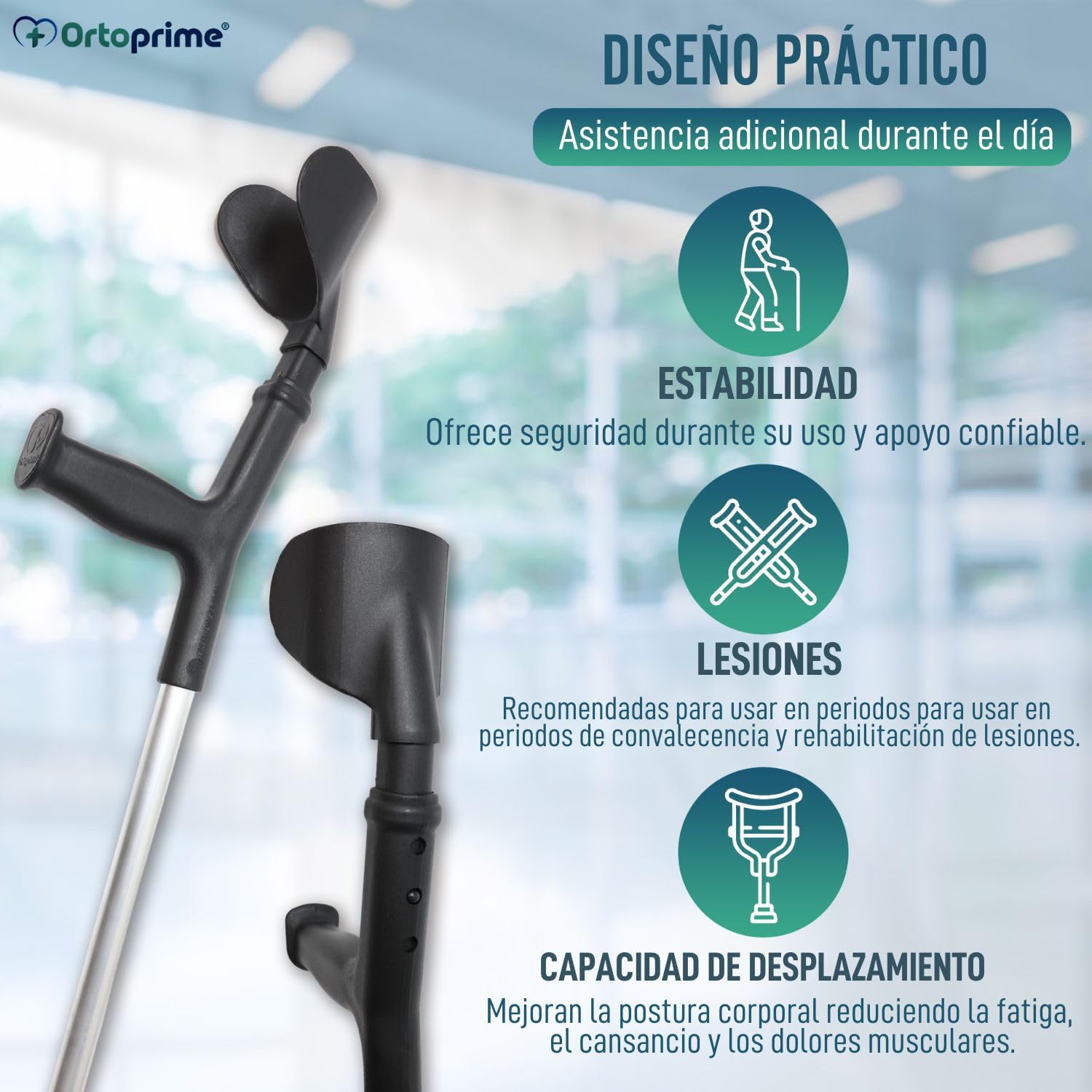 OrtoPrime Muletas Adulto Regulables aluminio PACK 2 UNIDADES - Muletas Ortopédicas con contera Antideslizante - Muletas anatómicas CONFORT - Muletas Adulto regulables - FABRICADO EN ESPAÑA, Negro