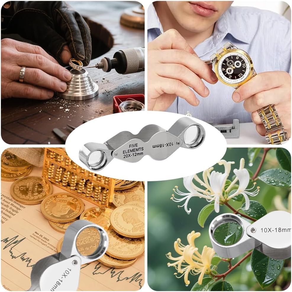 10X 20X Jewelry Loupe, Pocket Folding Magnifying Glass with Dual Lenses, Portable Jewelry Eye Loop for Diamond, Stamp Philatelist, Coin Numismatic, Rocks, Antiques and Plants