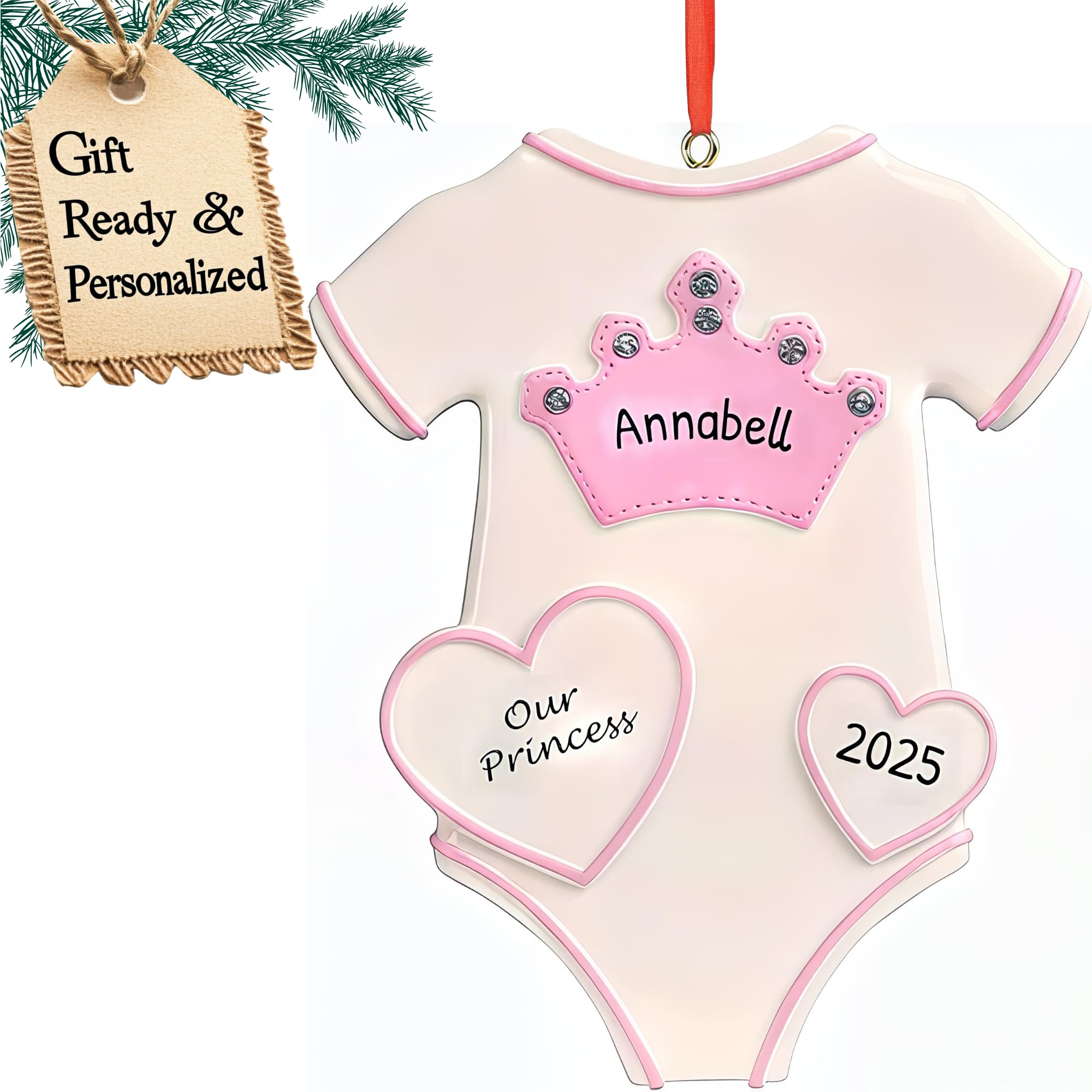Ornamento per il primo Natale del bambino - My First Christmas Ornament - Principessa Corona Onesie Baby Girl Primo Natale Ornamento Rosa 1 ° Natale Baby Ornament - Personalizzazione gratuita