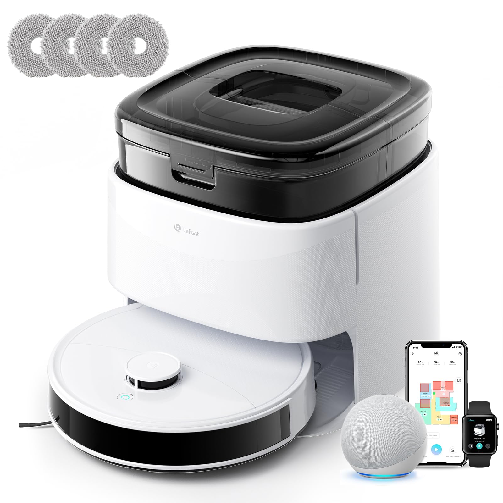 LEFANT M3 Robot Vacuum Cleaner and Floor Mop, Powerful 12000 Pa Suction, Double Spin Scrubbing, Automatic Washing and Drying, Automatic Empty for 3.2 L, Anti-Tangle, App/Alexa/iWatch, 2.4G and 5G