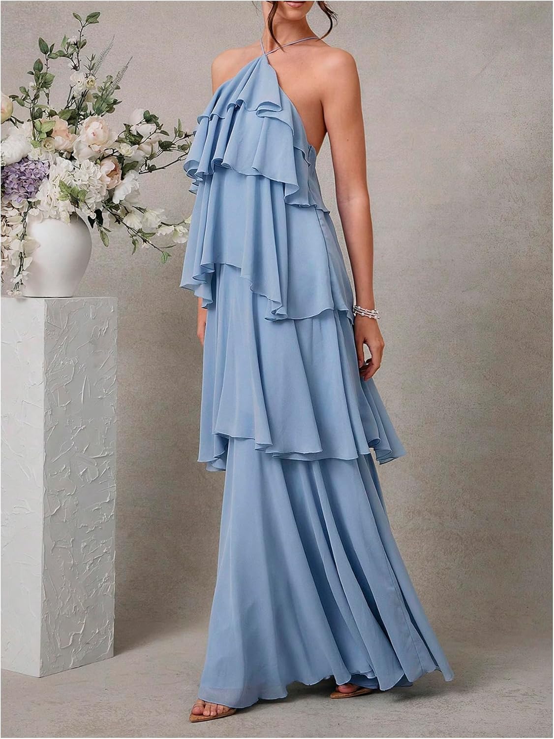 SOLY HUX Women's Sundresses Ruffle Layered Halter Flowy Maxi Dress Elegant Wedding Guest Dresses