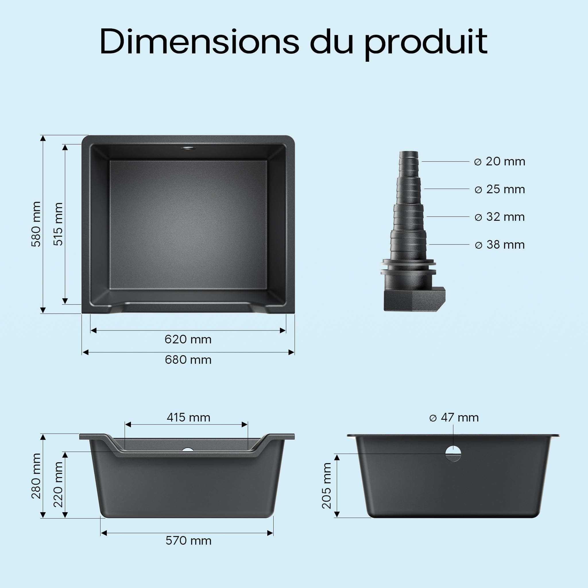 SunSun Bac pour Cascade ou Cours d’Eau en Matière Plastique renforcée de Fibre de Verre 60L