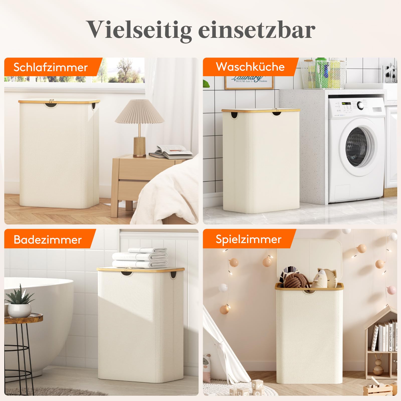 Lifewit 170L Wäschekorb mit 3 Fächern und Deckel, Beige