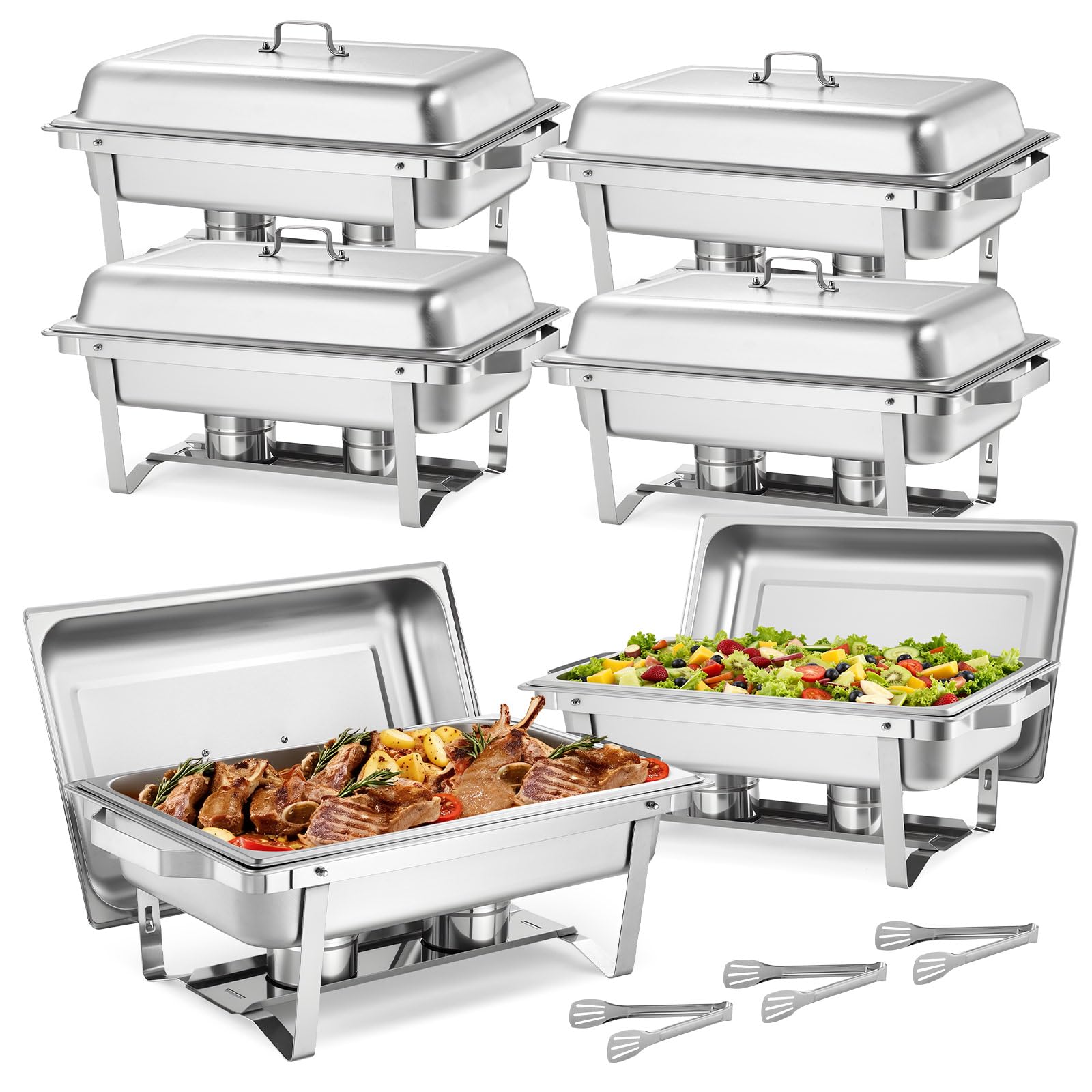 VEVOR Set di Scaldavivande Rettangolari da 8,5 L 6 Pezzi, Contenitori Riscaldanti per Buffet con Manico e 3 Pinze per Alimenti e Coperchio e Porta Combustibile, Adatti per Banchetti, Feste