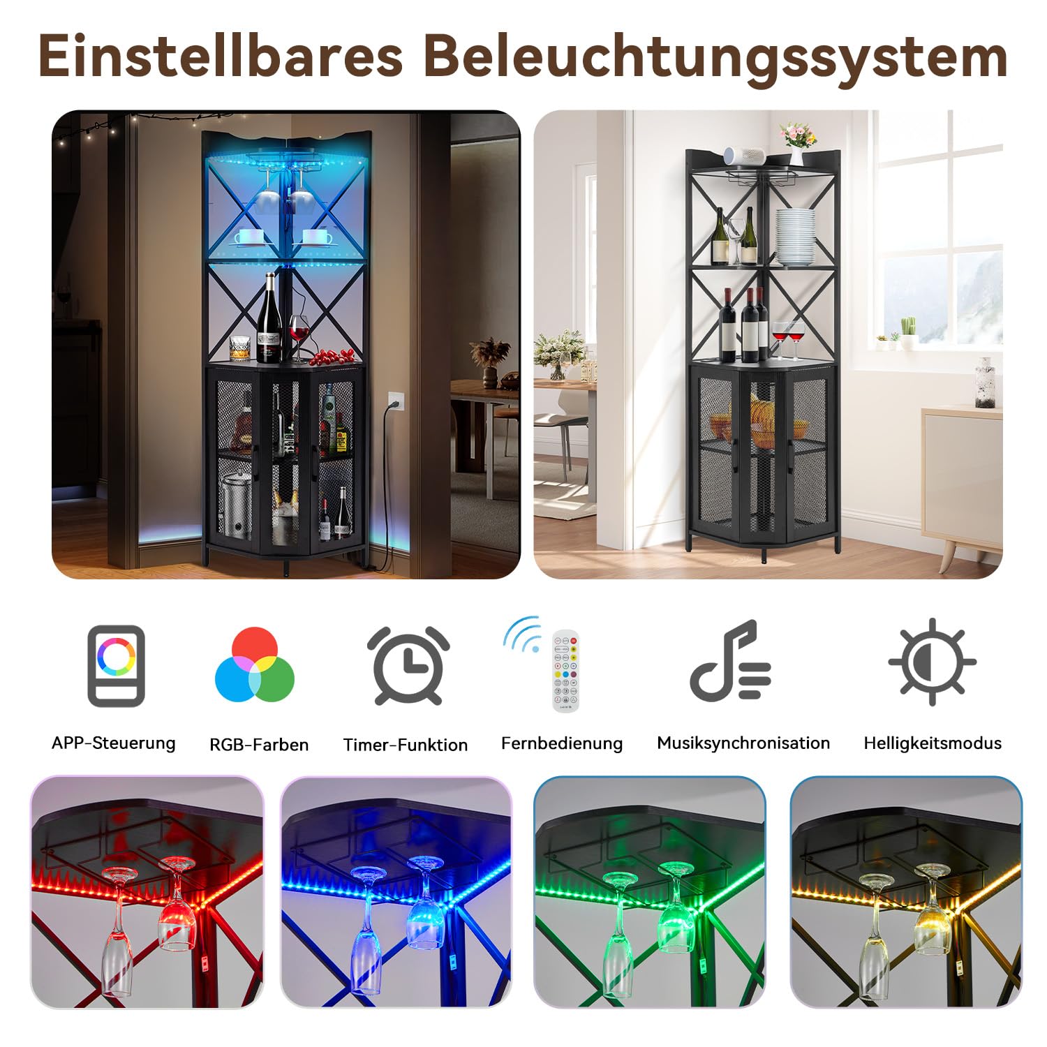 AVAWING Weinschrank, Barschrank Vintage mit Led Licht & Glashälter, Eckschrank aus Metallrahmen, 5 Stufen Küchenschrank mit Kippschutz für Küche Esszimmer Wohnzimmer, Schwarz, 44,5 x 44,5 x 163 cm