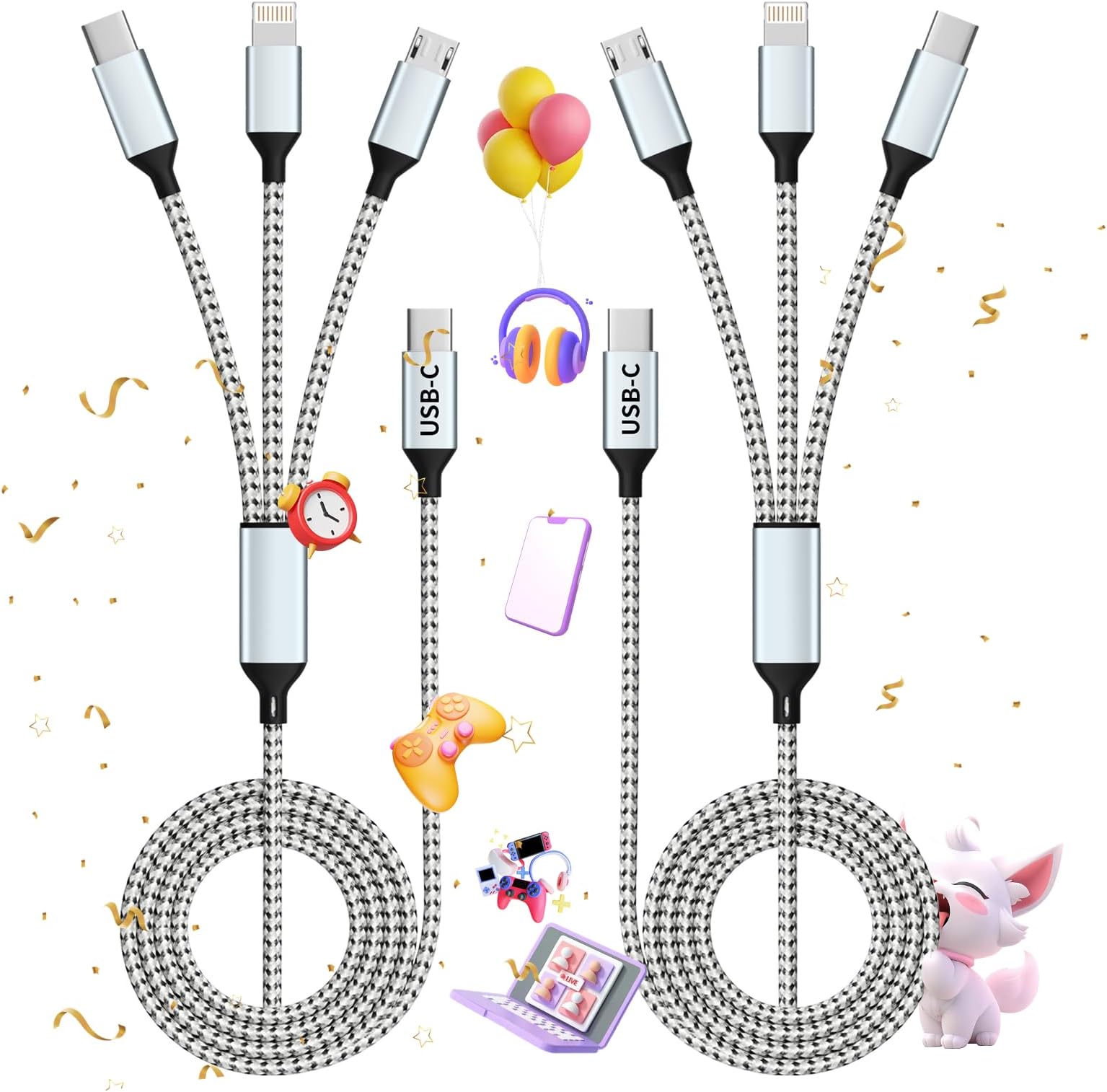 USB C Multi Charging Cable, (2 Pack 4FT), 3 in 1 Charging Cable Nylon Braided Universal Charger Cable with Type-C, Micro USB,IP Port for iPhone16/15 Series/Cell Phones & Pads and Other Devices